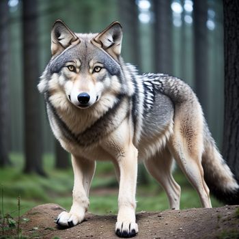 wolf standing on a log in a forest with trees in the background and grass in the foreground