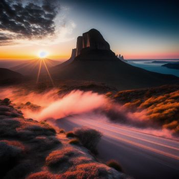 sunset view of a mountain with a road going through it and a large rock formation in the distance