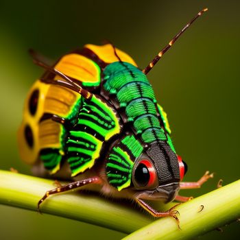 colorful insect sitting on top of a green plant stem with red and yellow stripes on it's wings