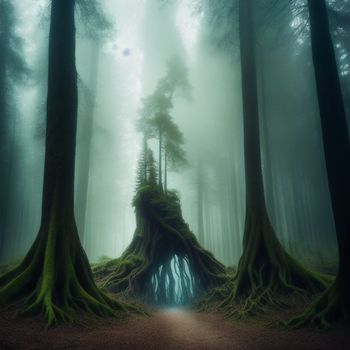 path through a forest with a mossy tree stump on the side of it and a small pond in the middle of the forest