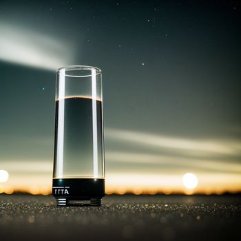 glass of liquid sitting on a table with a sky background and clouds in the background with a few stars