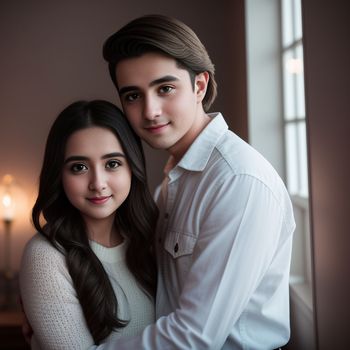 couple posing for a picture in front of a window in a room with a lamp on the wall