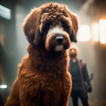 dog with a fake human head on it's head and a woman in the background behind it