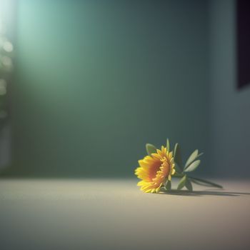 single sunflower sitting on a table in a room with a window in the background and a blurry background