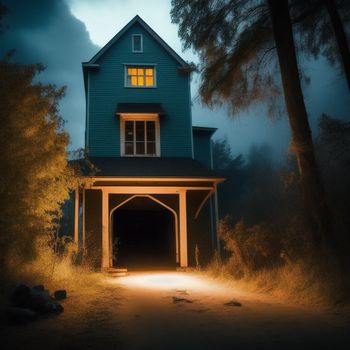 house with a light coming out of it's window at night time in the woods with a fog