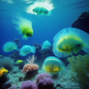 group of jellyfish swimming in the ocean with a coral reef in the background and a few other fish swimming around