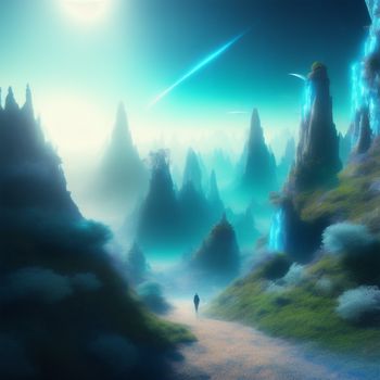 man walking down a path in a fantasy landscape with a bright sun in the background and a distant sky