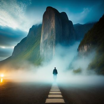 man standing on a road in the middle of a foggy mountain range with a mountain in the background