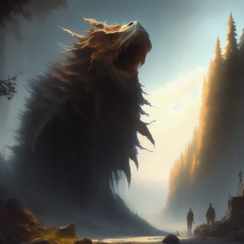 giant monster with a man standing in the background in a forest with a man walking towards it and a man standing in the foreground