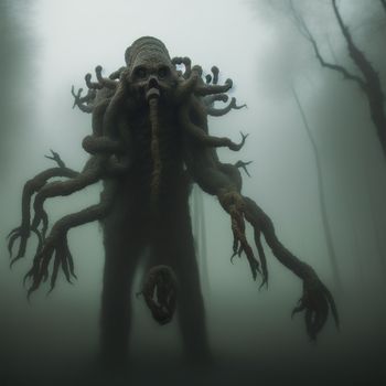 creepy looking creature with large arms and legs in the foggy forest with trees in the background and a creepy looking creature with large arms and legs