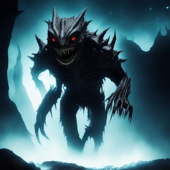 demonic creature with red eyes and sharp teeth in a dark cave with fog and fog around it