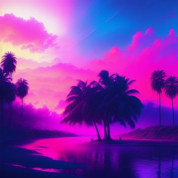 painting of palm trees and a sunset with a pink and blue sky in the background with clouds and a pink and blue sky