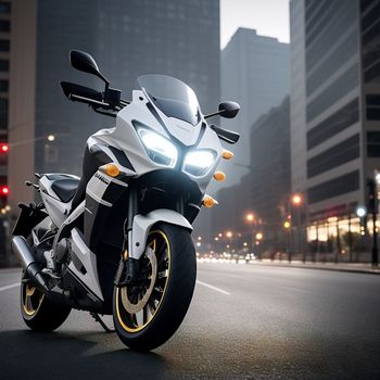 white motorcycle parked on the side of a road in a city at night time with buildings in the background