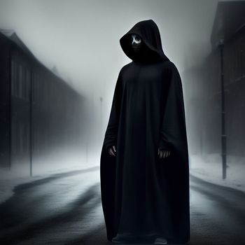 person in a hooded cloak standing in the middle of a street in the fog with a creepy eye on their face