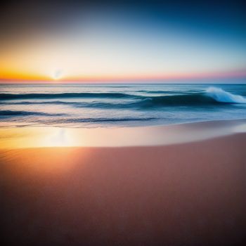 beach with a wave coming in to shore and a sunset in the background with a blurry image of the ocean