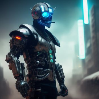 robot standing in a city with a glowing eyeball in his face and a futuristic suit on his body