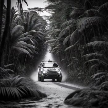 car driving down a road surrounded by trees and bushes in the rain with a light on the top