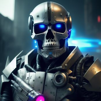 robot with a glowing blue eye and a skull face with a gun in his hand and a futuristic helmet on