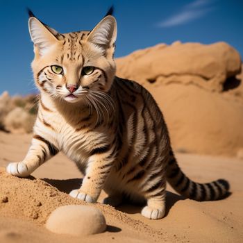 cat sitting on top of a sandy beach next to a rock and a ball of sand on the ground