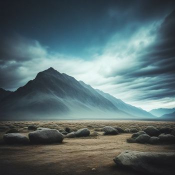 mountain range with rocks in the foreground and a dark sky in the background with clouds in the sky