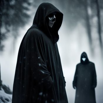 man in a hooded jacket standing next to a person in a black cloak in the snow with a skull on his face