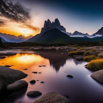 mountain range is reflected in a small pond at sunset with a colorful sky and clouds in the background