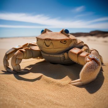 crab with a blue eye sitting on a sandy beach with a blue sky in the background and a few clouds in the sky