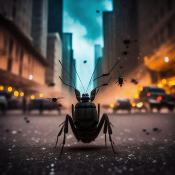 bug with many antennae standing in the middle of a street at night with cars in the background and a building with a lot of lights