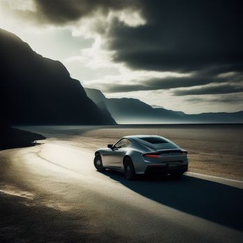 silver sports car driving down a road near a mountain range under a cloudy sky with a sunbeam