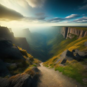 scenic view of a cliff with a path going up it's side and a cliff in the distance