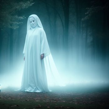 ghost standing in a forest with a soccer ball in front of it and fog in the air behind it