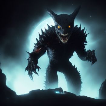 demonic creature with glowing eyes and a huge grin on its face