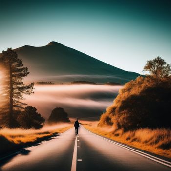 person walking down a road in the middle of a mountain range with fog in the air and a mountain in the distance