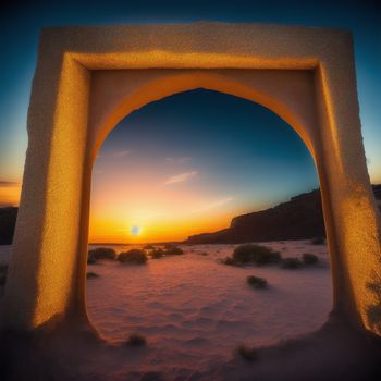 sunset view of a desert with a arch in the middle of it and a mountain in the background