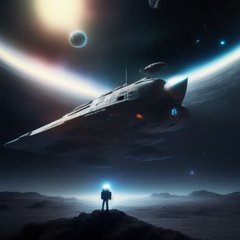 man standing on a hill looking at a space ship in the distance with a distant planet in the background