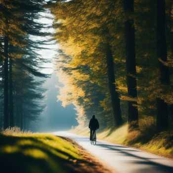 person riding a bike down a road in the woods with trees lining the sides of the road and a person on the bike