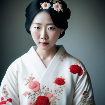 woman in a white kimono with flowers on it's head and a black hair comb in her hair