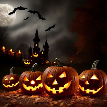 group of carved pumpkins sitting in front of a castle at night with bats flying overhead and a full moon in the sky