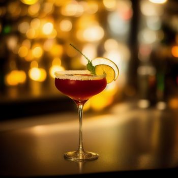 cocktail with a slice of lemon and a garnish on the rim of the glass is sitting on a bar