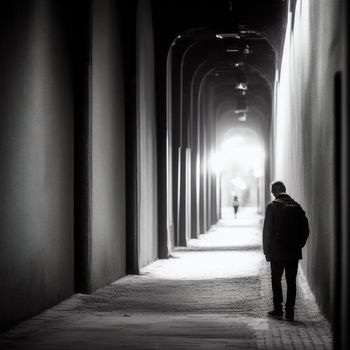 man walking down a hallway with a backpack on his back and a light at the end of the hallway