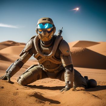 man in a futuristic suit kneeling in the desert with a gun in his hand and a spaceship in the background