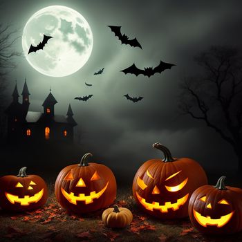 group of carved pumpkins sitting in front of a full moon with bats flying around them and a castle in the background