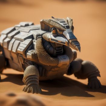 toy turtle is sitting on a sandy surface in the desert