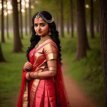 woman in a red and gold sari standing in a forest with trees in the background and a path leading to the woods