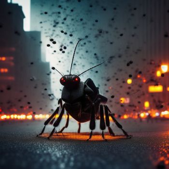 bug sitting on the ground in front of a window with rain drops on it's glass and buildings in the background