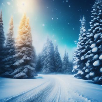 snowy road with trees and a full moon in the sky above it and snow flakes on the ground