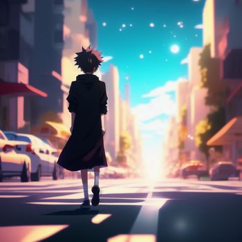 person walking down a street in a city at night with a sky background and a star filled sky