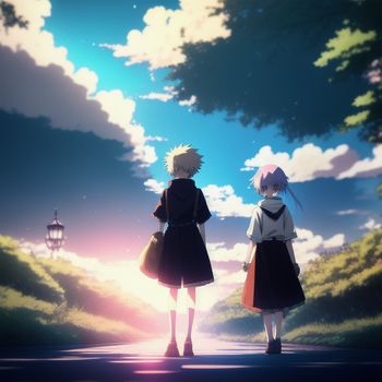 two people walking down a road in the middle of the day with a sky background and clouds in the background