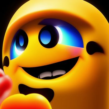 yellow emoticon with blue eyes and a red apple in front of it's face and a black background