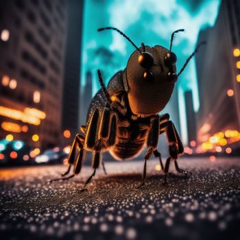 close up of a bug on a city street at night time with buildings in the background and a blurry image of a bug